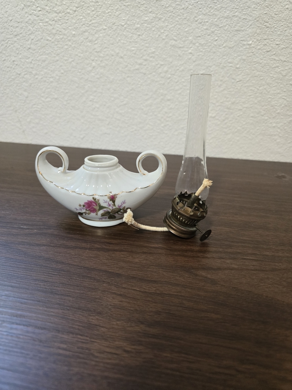 ​Vintage Miniature Porcelain Oil Lamp Floral Pink Rose Gold Trim Glass Chimney